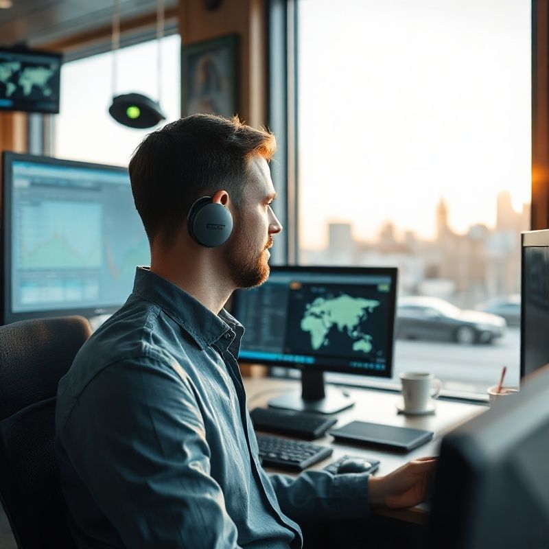 Logistics coordinator at a dispatch workstation with tracking dashboards