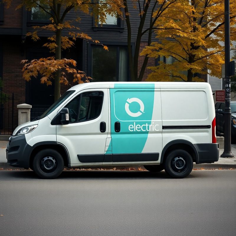 Electric delivery van parked on a Montréal residential street in autumn